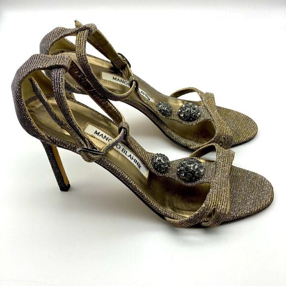 Manolo Blahnik Dixie Metallic T-Strap  Heels Sandals Size 35,5 Made in Italy - Picture 3 of 14